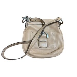 B. Makowsky Beige Pebbled Leather Saddle Bag Crossbody with Adjustable Strap